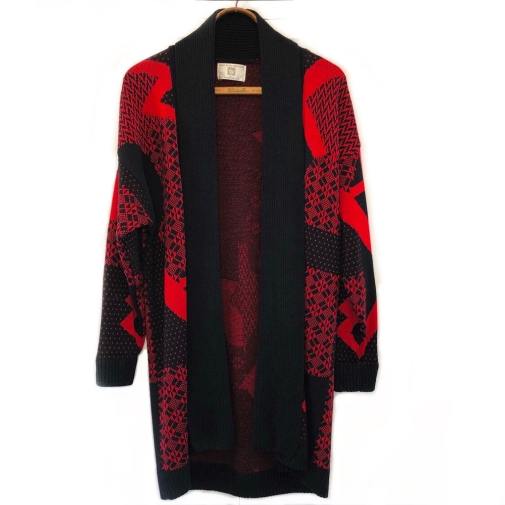 VTG Open front long black/red wool cardigan